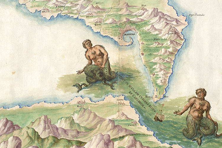 lo stretto di Messina nel particolare di una mappa d'epoca